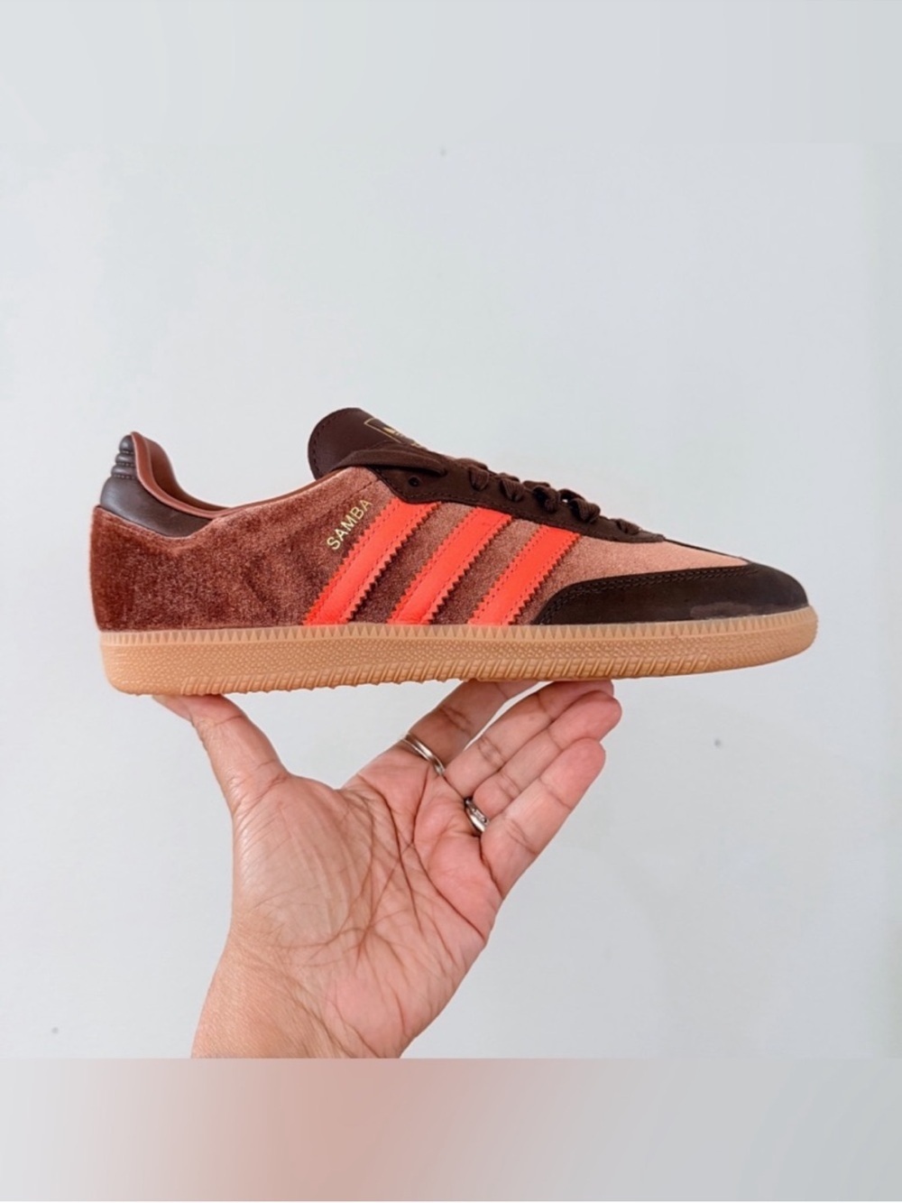 Adidas Samba OG Women’s Sneakers in Brown w/ Orange Stripes “Preloved Brown Gum”